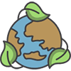 icon-1 Icona grafica della terra con i continenti in marrone e i mari in azzurro, racchiusa da tre foglie verdi.