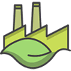 icon-3 Icona grafica composta da una foglia verde che sorregge una fabbrica con due ciminiere di un verde più chiaro collegata a "Maggior efficienza logistica".