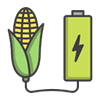 icon-4 Icona grafica rappresentante una pannocchia di mais verde e arancio collegata a una pila elettrica rettangolare gialla con l'immagine di un fulmine nero, associata a "Meno passaggi in campo".