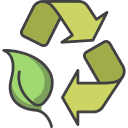 earth-day Icona grafica di una formazione triangolare composta da una fogliolina verde e due frecce curve a destra, associata alla voce "Ammendanti vegetali".