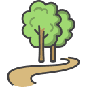 forest Icona grafica con una strada curva marrone e due alberi verdi con il tronco color nocciola, associata a "Colture più resistenti agli stress".