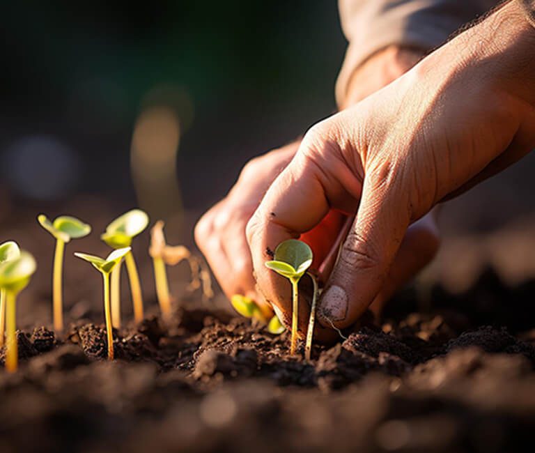 Fotografia di due mani sporche di terra che accudiscono delle piantine a due foglie di cololre verde tenero in una coltivazione di agricoltura biologica.