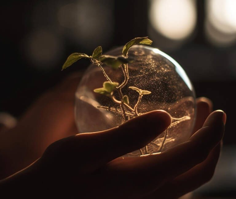Una piccola pianta e una sfera di vetro trasparente sono contenute nelle mani giunte di un soggetto fuori scena.