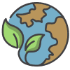 eco-friendly1 Icona grafica del globo terrestre di colore marrone e azzurro con due foglie verdi sulla sinistra.