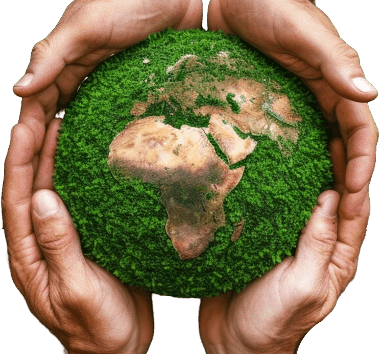 Quattro mani circondano un mappamondo, coperto da bassa vegetazione verde auspicio di agricoltura sostenibile, con Africa e parte dell'Eurasia in sfumature nocciola.