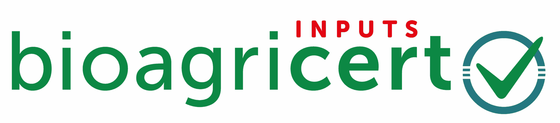Logo di Bioagricert in colore verde, associato a un cerchio verde con il segno di spunta all'interno, con la parola "inputs" in rosso.