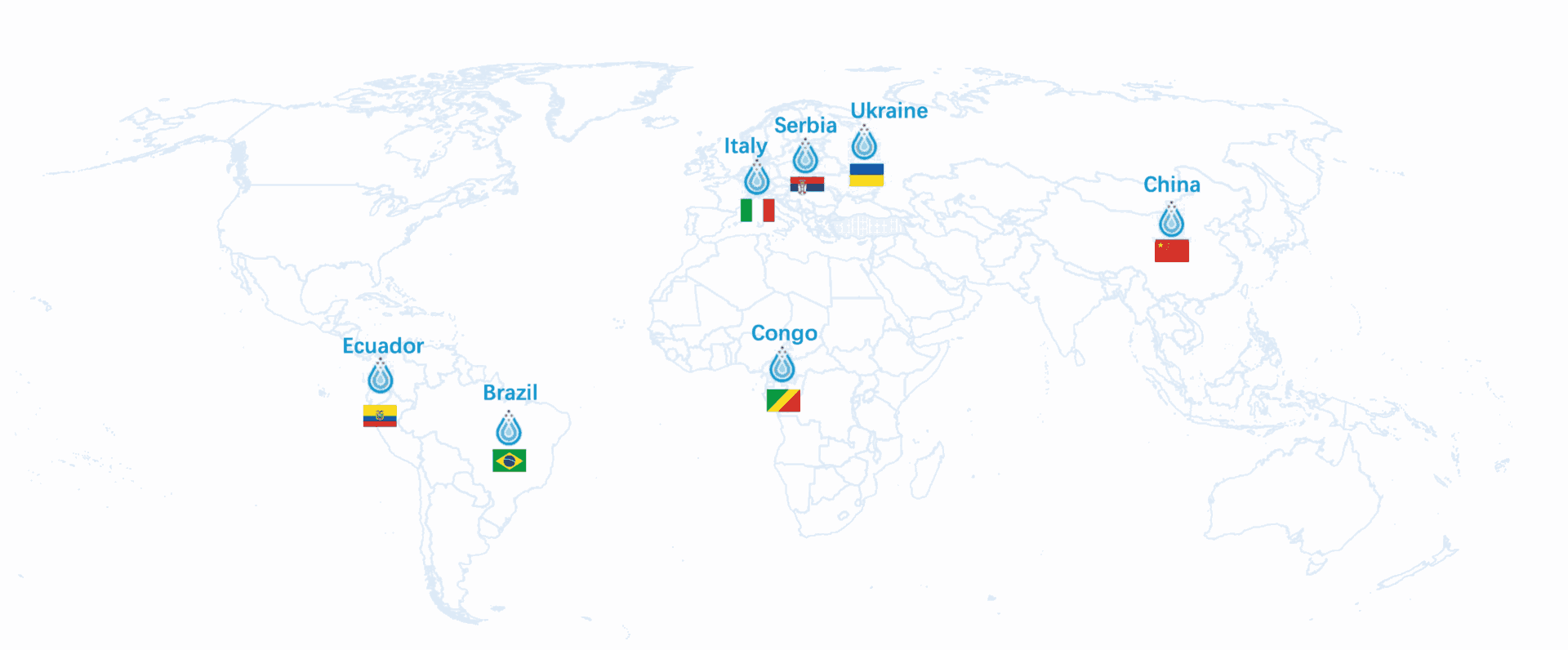 Carta geografica che mostra le collaborazioni e sperimentazioni di Nutrevo Quantic Evolution in Ecuador, Brasile, Congo, Serbia, Ucraina e Cina.
