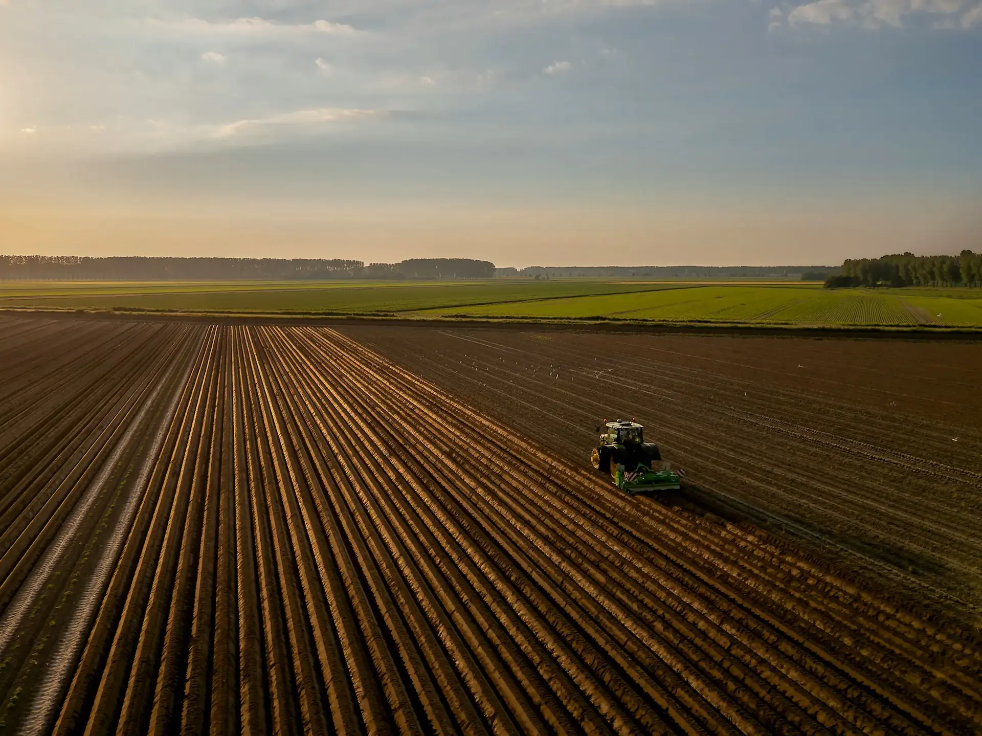 Immagine di una pianura con un vasto campo marrone appena arato con i solchi in netta evidenza. Più avanti altre coltivazioni da agricoltura biologica.