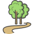 Icona grafica con una strada curva marrone e due alberi verdi con il tronco color nocciola, associata a "Colture più resistenti agli stress".