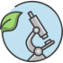 Icona grafica che rappresenta un microscopio monoculare grigio racchiuso un un cerchio con una foglia verde.